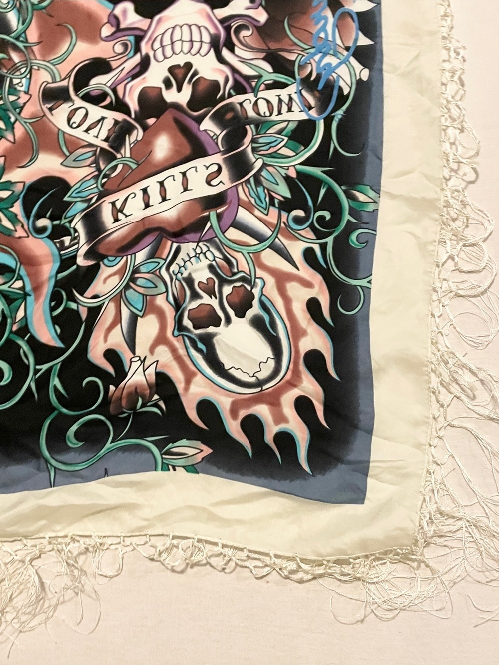 VTG Ed Hardy Christian Audigier Love Kills Slowly Fringe Silk Scarf Shawl - Picture 14 of 16